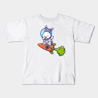 Cute Rabbit Astronaut Dabbing And Flying With Carrot Rocket Kids T-Shirt